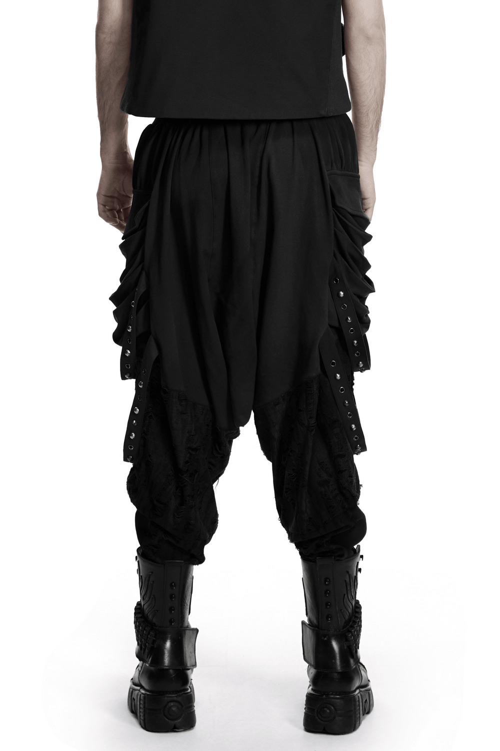 Black Gothic Drop-Crotch Pants with Studded Pockets showcased from the back, featuring edgy details and a unique silhouette.