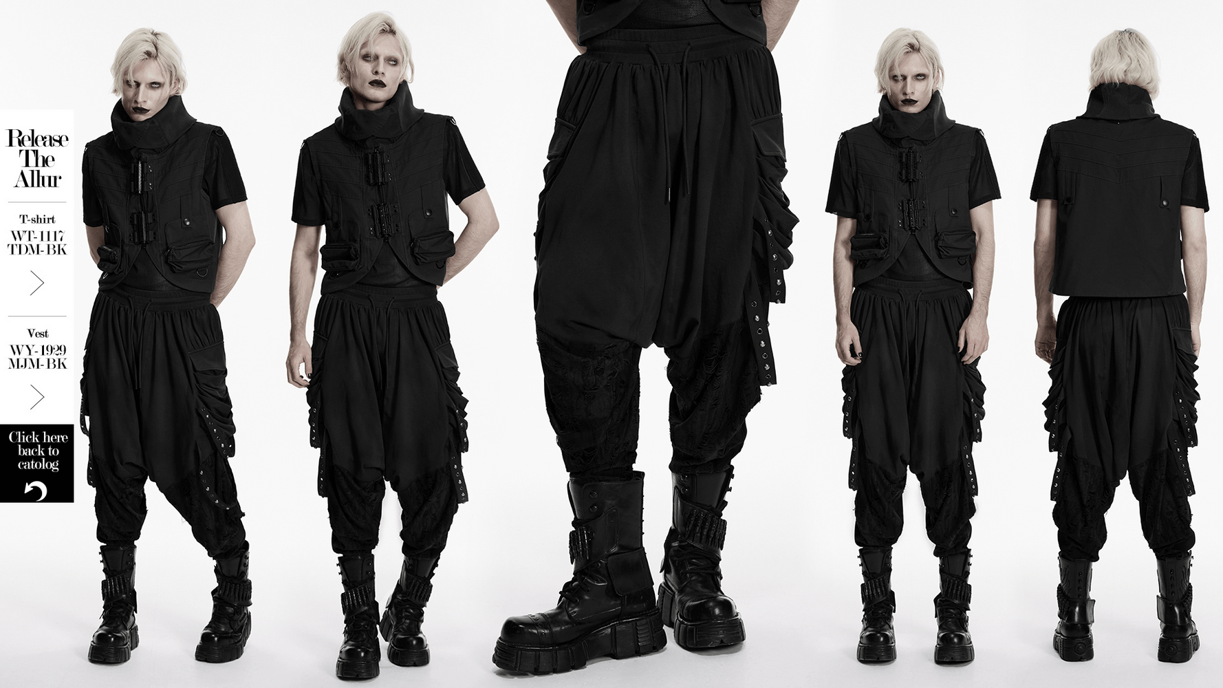 Black Gothic Drop-Crotch Pants with Studded Pockets showcased from multiple angles with combat boots.