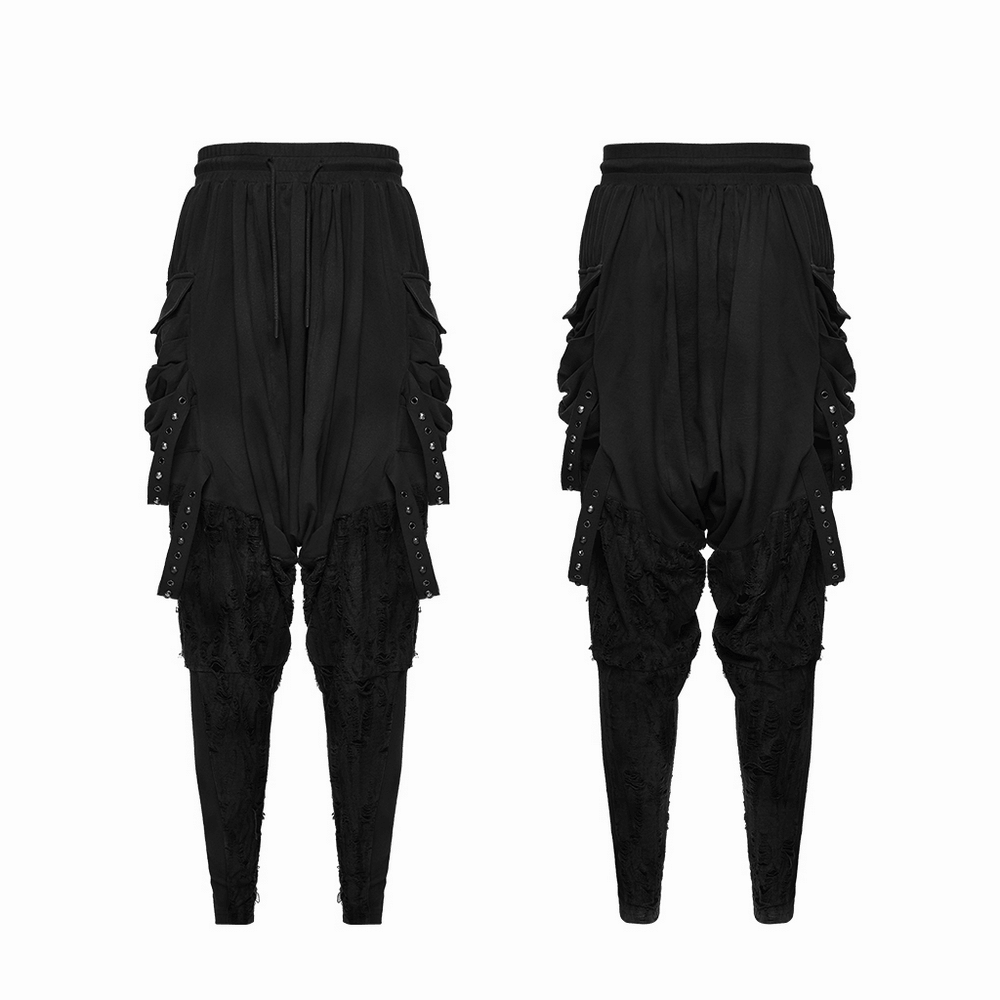 Black Gothic Drop-Crotch Pants with Studded Pockets featuring distressed design and tapered legs.