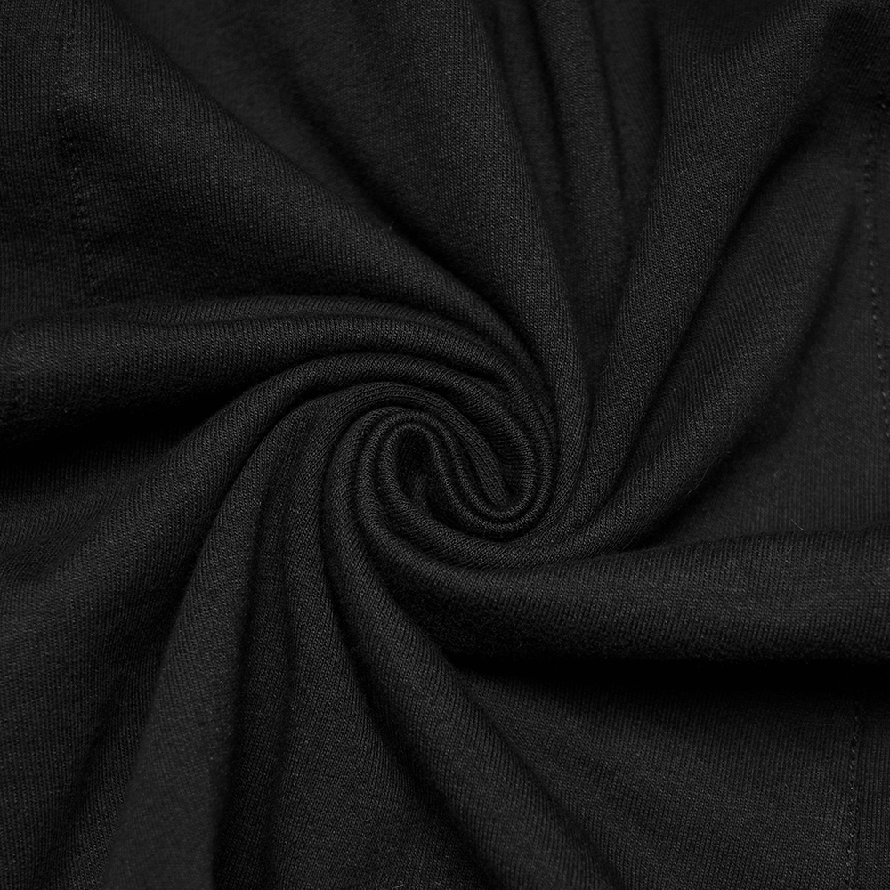 Black Gothic Drop-Crotch Pants with Studded Pockets fabric close-up showing soft, durable black textile texture.