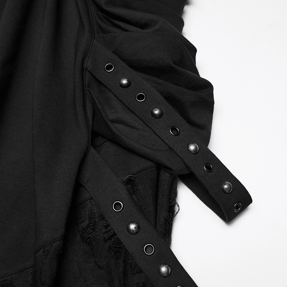 Black Gothic Drop-Crotch Pants with Studded Pockets featuring layered pockets and studded straps for a bold look.