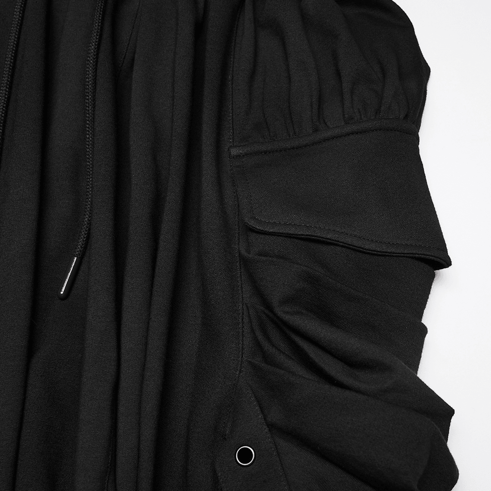 Black Gothic Drop-Crotch Pants with Studded Pockets close-up showcasing the unique texture and design details.