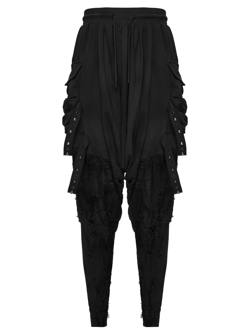 Black Gothic Drop-Crotch Pants with Studded Pockets featuring distressed texture and tapered legs.