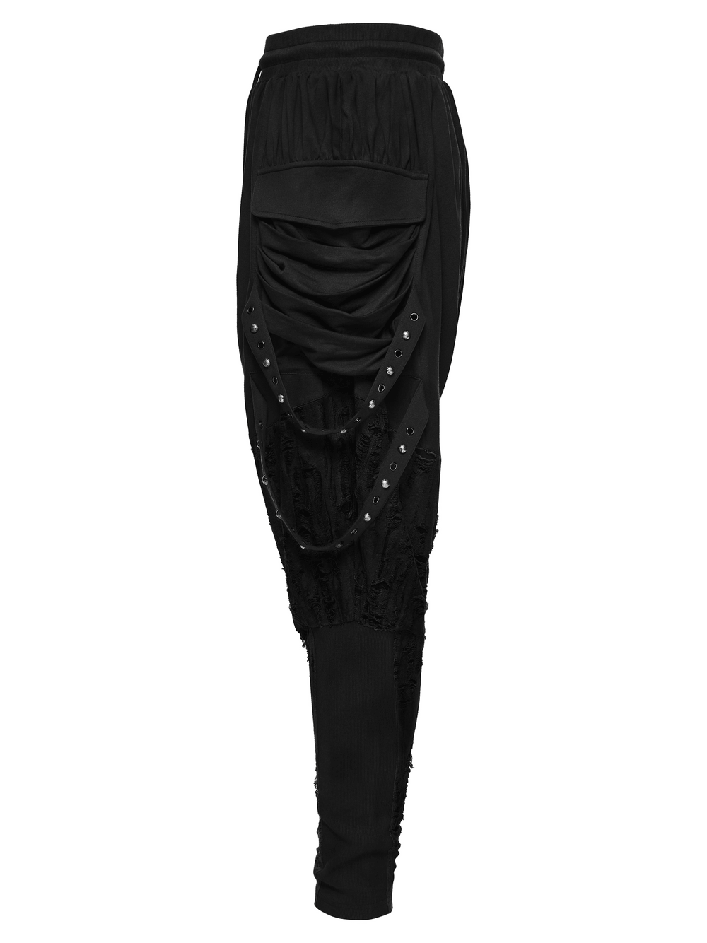 Black Gothic Drop-Crotch Pants with Studded Pockets featuring distressed textures and layered pockets.