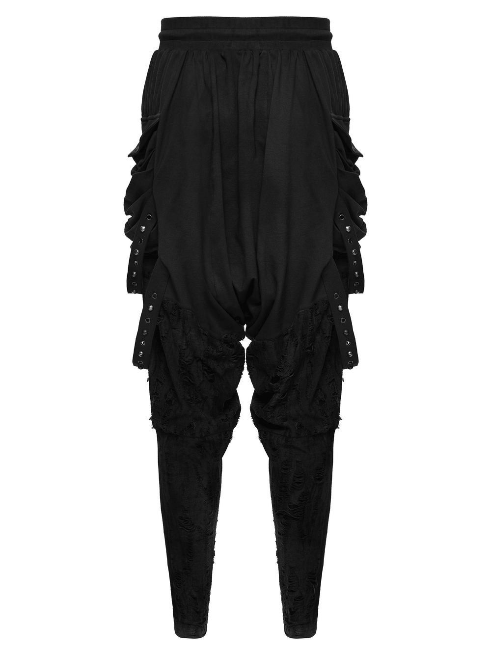 Black Gothic Drop-Crotch Pants with Studded Pockets featuring distressed texture and tapered legs.
