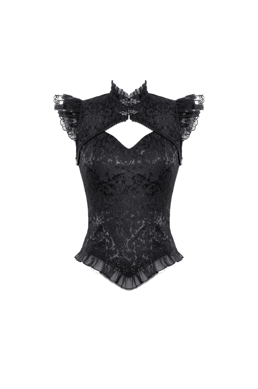 Black gothic embroidered top with cascading ruffles and dramatic lace sleeves, perfect for a Victorian-inspired look.
