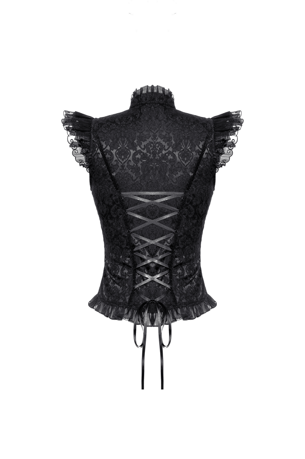 Black Gothic Embroidered Top with Cascading Ruffles