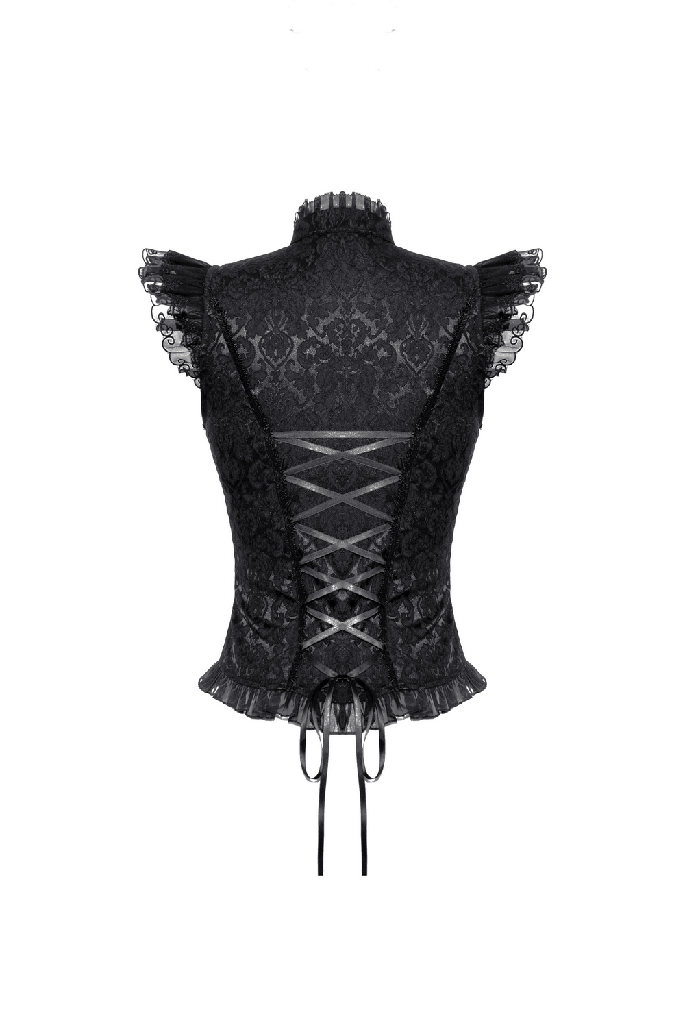 Back view of a black gothic lace top with ruffled sleeves and lace-up details, perfect for dramatic Victorian style.