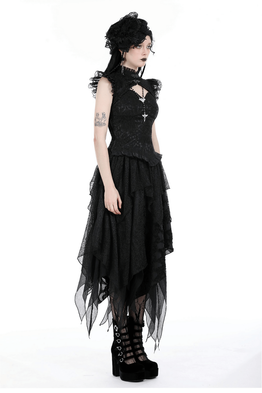Black Gothic embroidered top with cascading ruffles and dramatic sleeves, styled for a Victorian-inspired look.