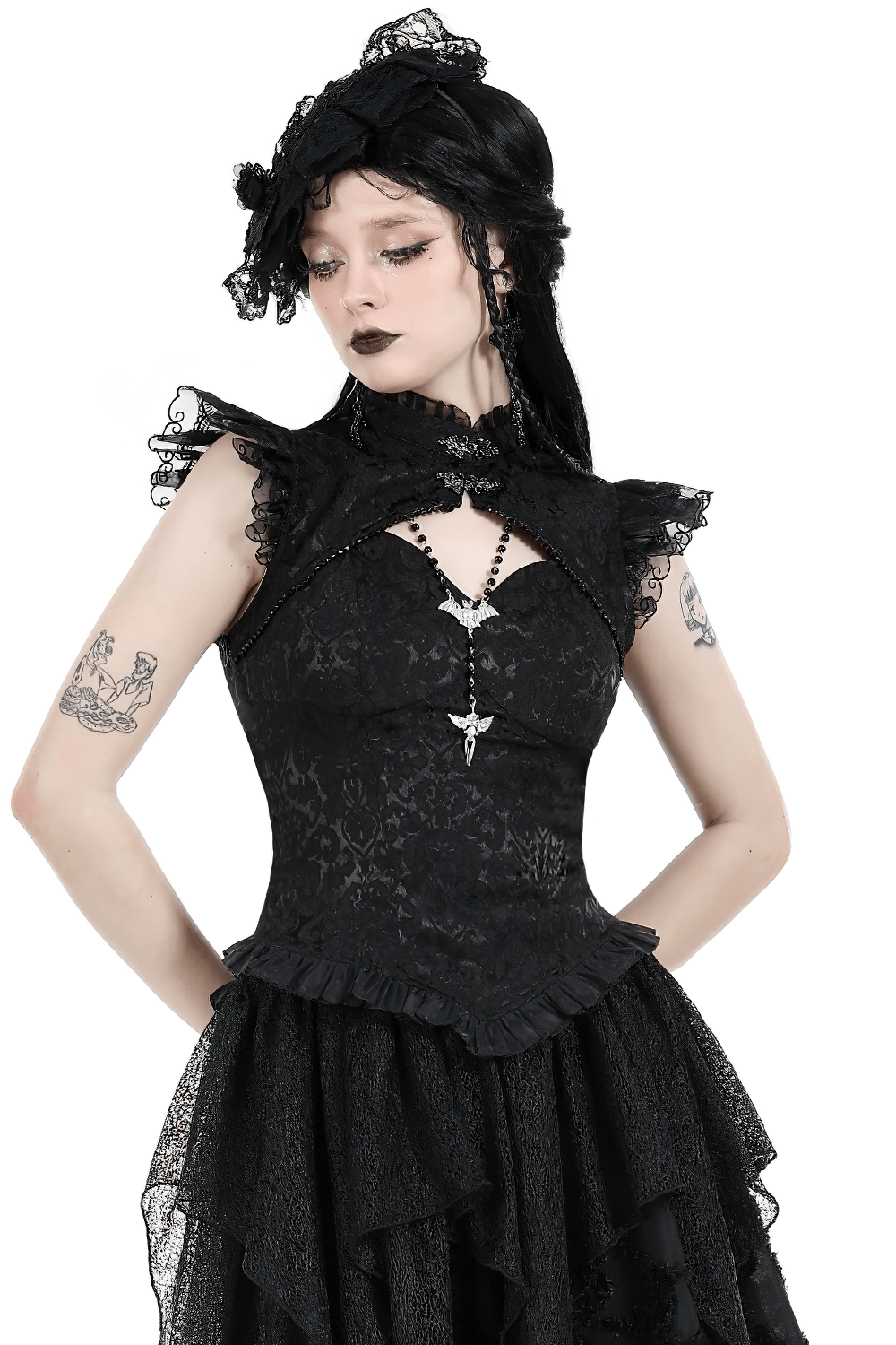 Black Gothic embroidered top with cascading ruffles and dramatic sleeves, perfect for a Victorian-inspired look.