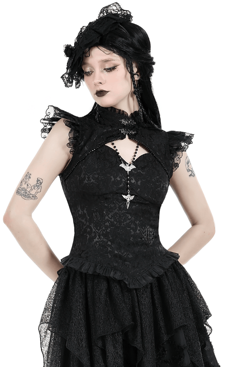 Black Gothic Embroidered Top with Cascading Ruffles
