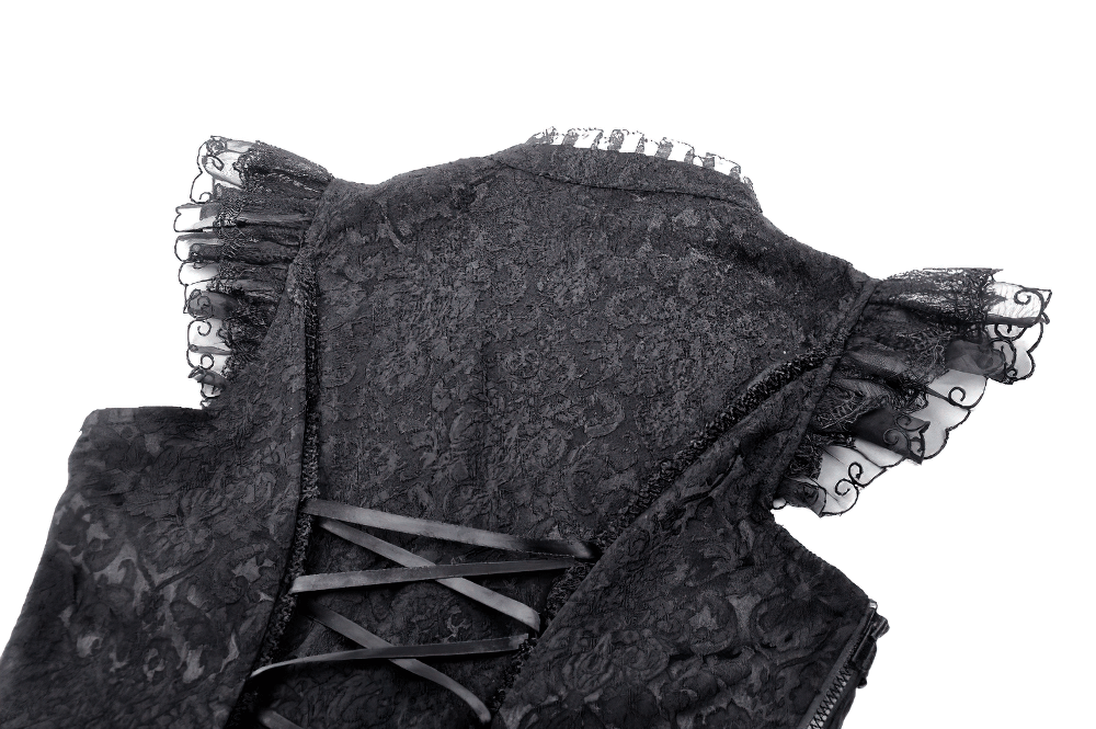 Back view of black gothic lace top with cascading ruffled sleeves and intricate lace detailing.