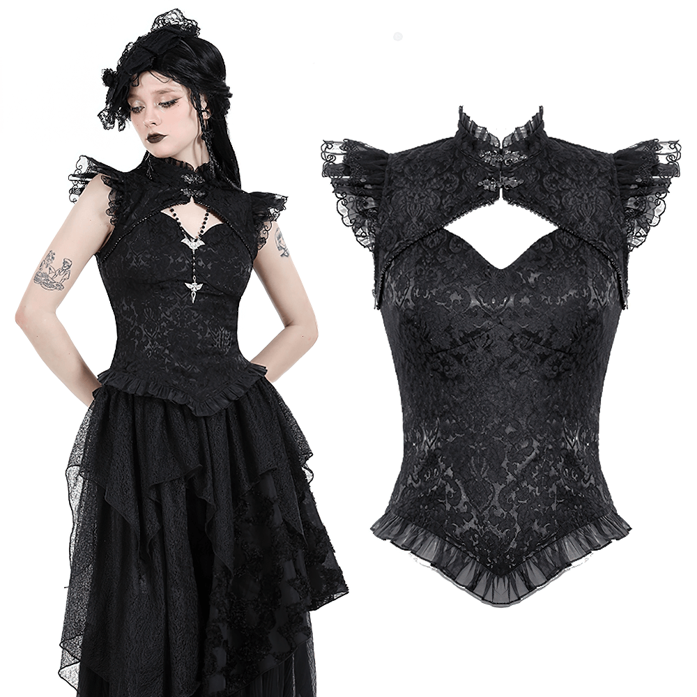 Black Gothic Embroidered Top with Cascading Ruffles
