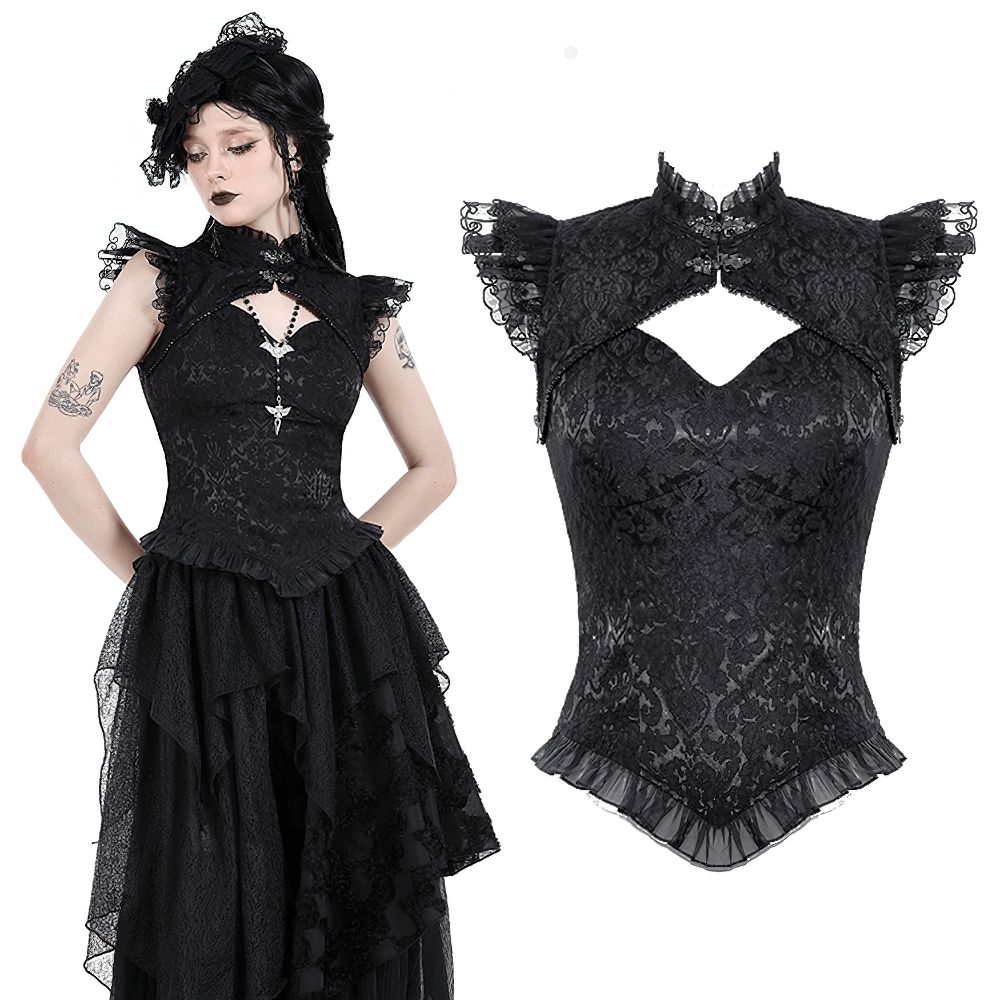 Black gothic embroidered top with cascading ruffles and dramatic lace sleeves for a Victorian-inspired look.