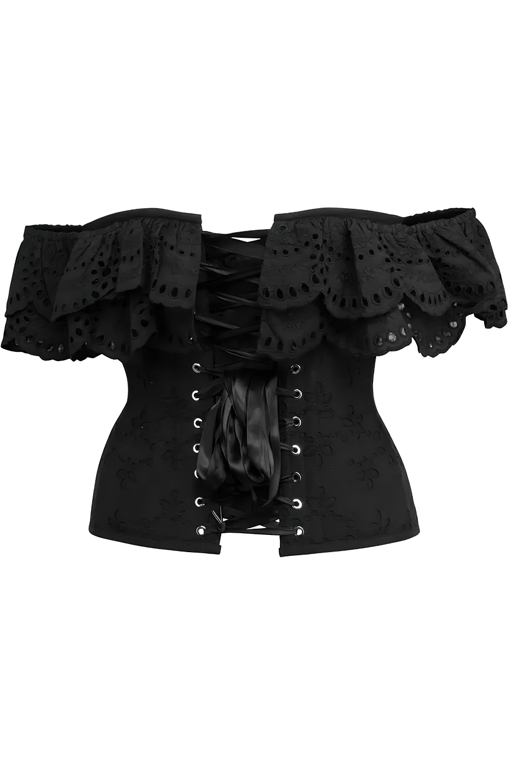 Black Gothic Eyelet Overbust Corset With Off Shoulder Ruffle featuring a romantic ruffle neckline and structured design.