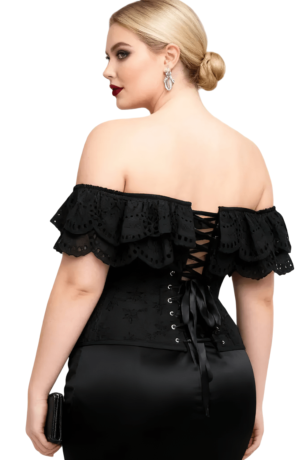 Black Gothic Eyelet Overbust Corset With Off Shoulder Ruffle showcasing romantic ruffle detail and elegant back lacing.