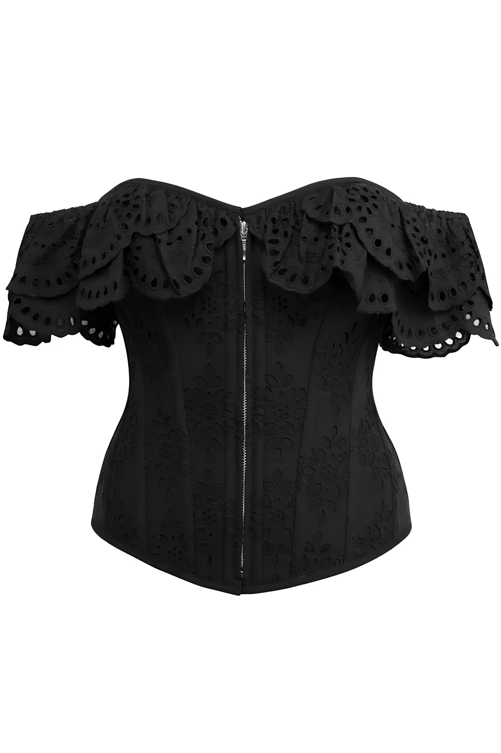 Black Gothic Eyelet Overbust Corset With Off Shoulder Ruffle, featuring broderie-inspired ruffle neckline and front zipper.