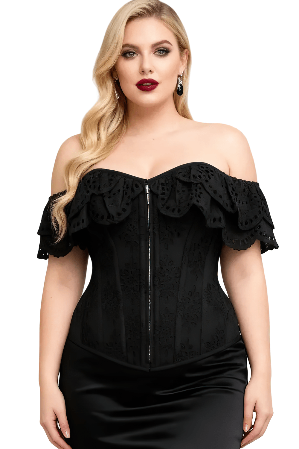 Black Gothic Eyelet Overbust Corset With Off Shoulder Ruffle worn by a model, featuring elegant ruffles and a structured design.
