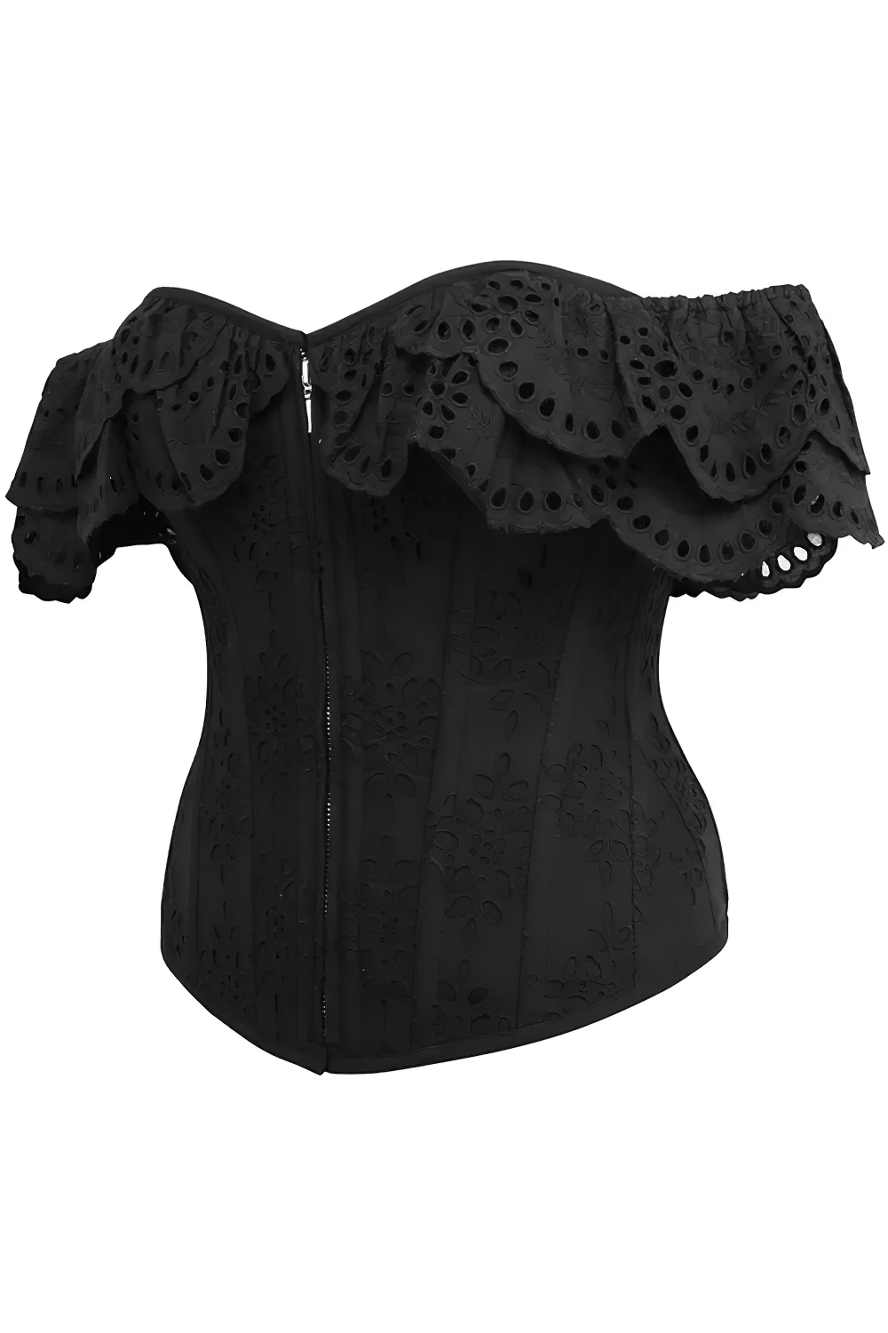 Black Gothic Eyelet Overbust Corset With Off Shoulder Ruffle showcasing romantic ruffle neckline and intricate eyelet details.
