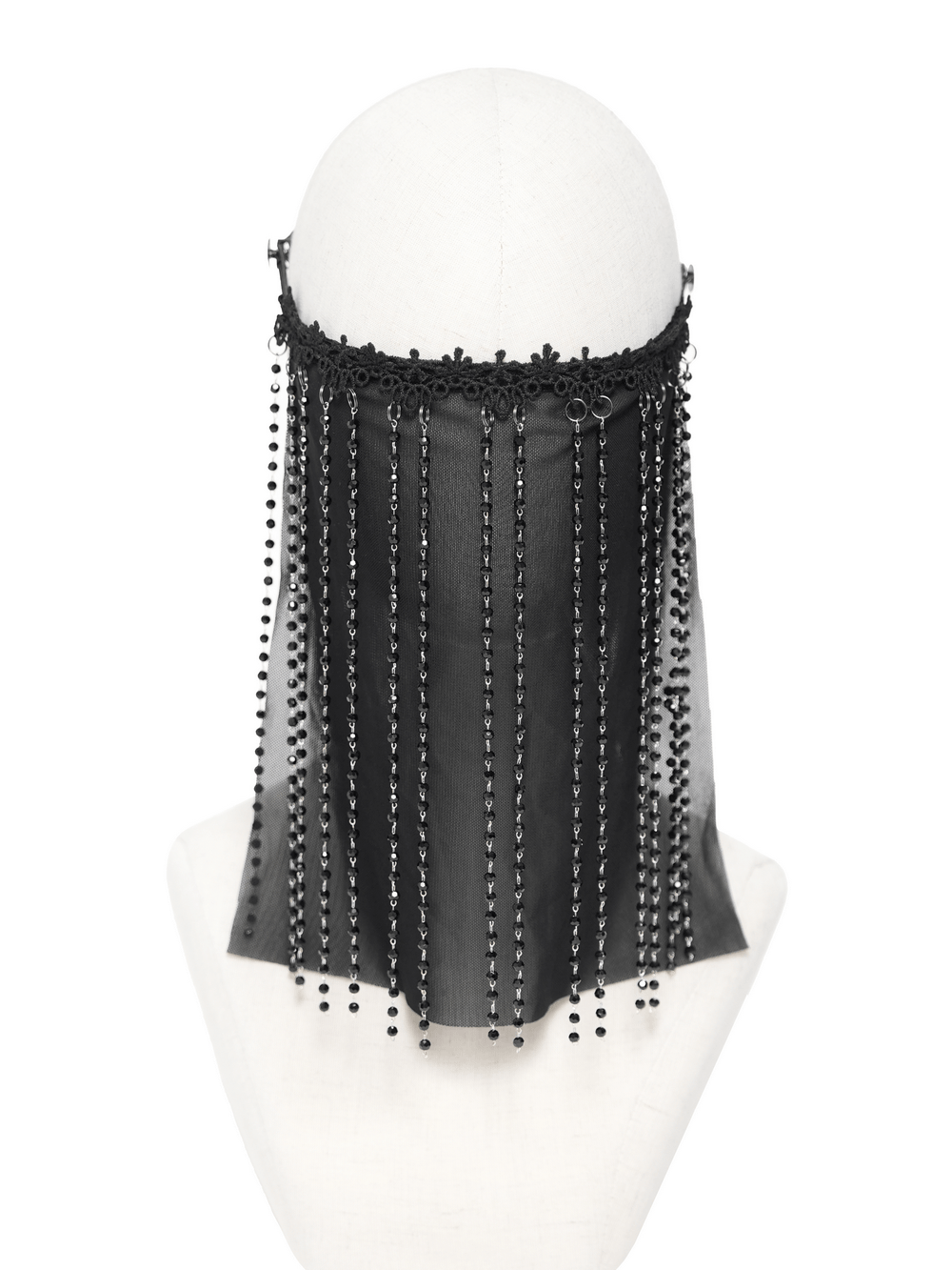 Black Gothic Face Veil Mask with Beaded Fringe on a mannequin, showcasing its elegant design and unique beaded details.