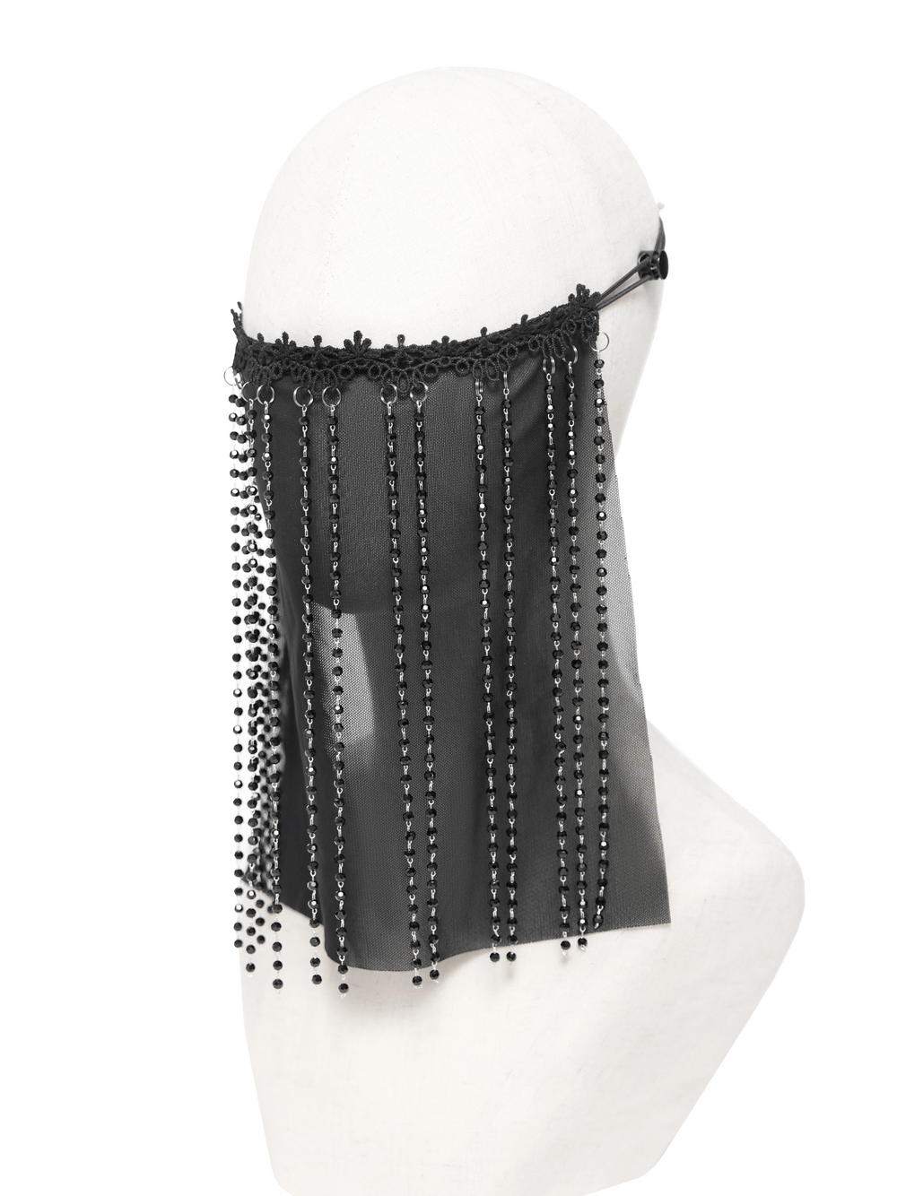 Black Gothic Face Veil Mask with Beaded Fringe displayed on a mannequin side view.