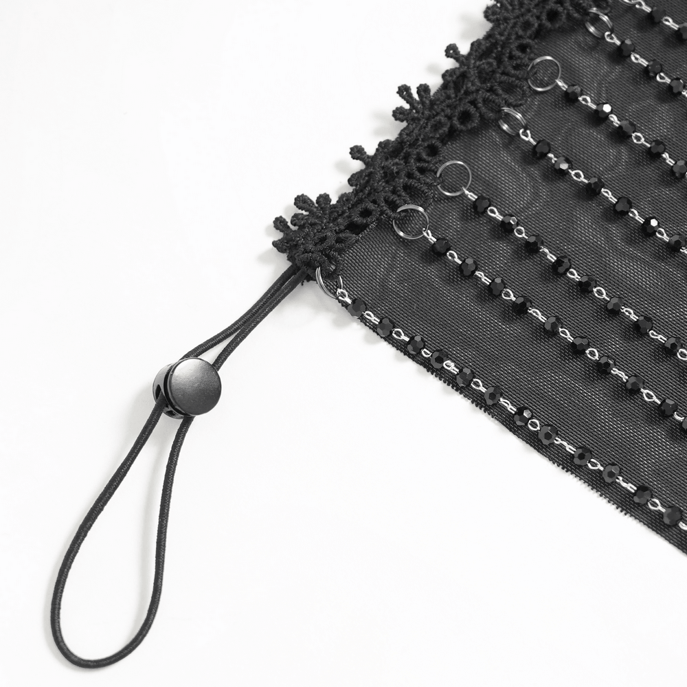 Black Gothic Face Veil Mask with Beaded Fringe showcasing intricate bead detailing and adjustable ties.
