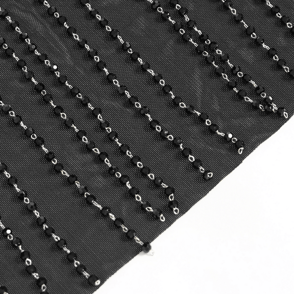 Close-up of the Black Gothic Face Veil Mask with Beaded Fringe showcasing intricate beading details.