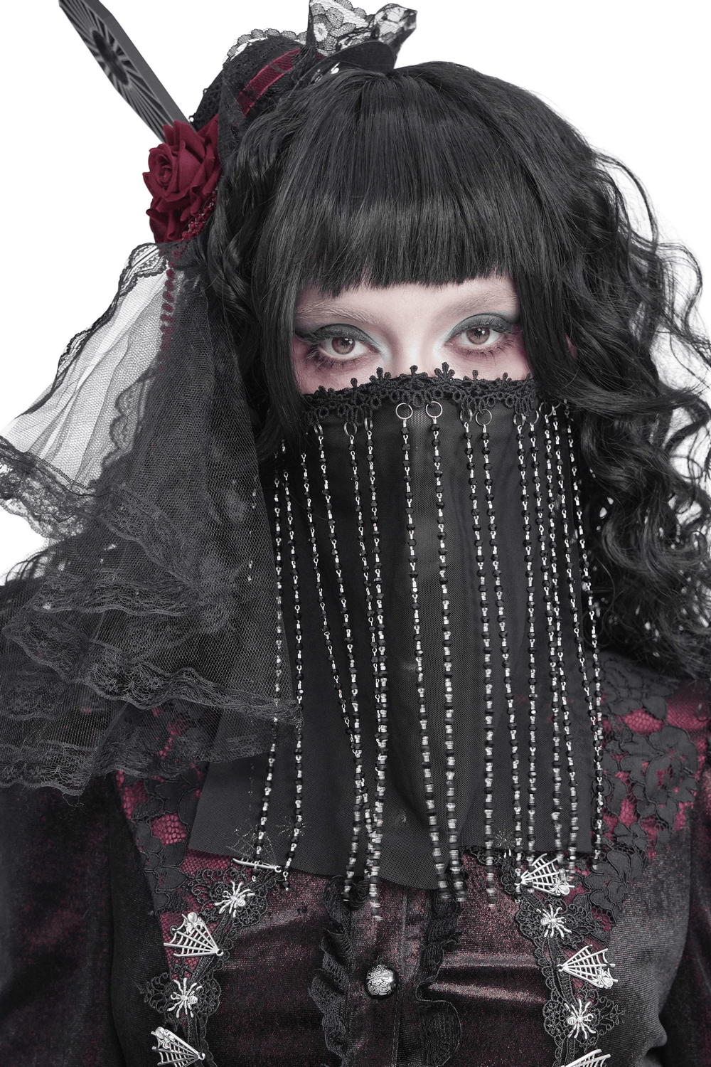 Black Gothic Face Veil Mask with Beaded Fringe worn by a model, featuring intricate lace and dramatic beaded details.