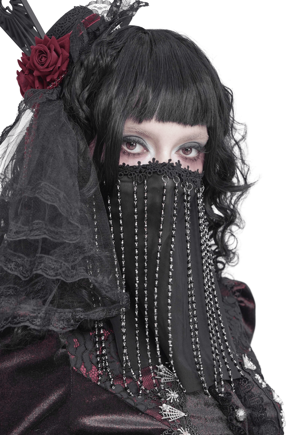 Black Gothic Face Veil Mask with Beaded Fringe worn by a model, featuring black lace and beaded details.