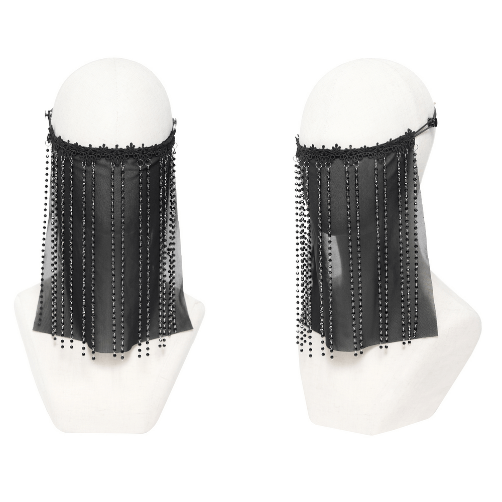 Black Gothic Face Veil Mask with Beaded Fringe displayed on a mannequin, showcasing its unique design and beaded fringe.