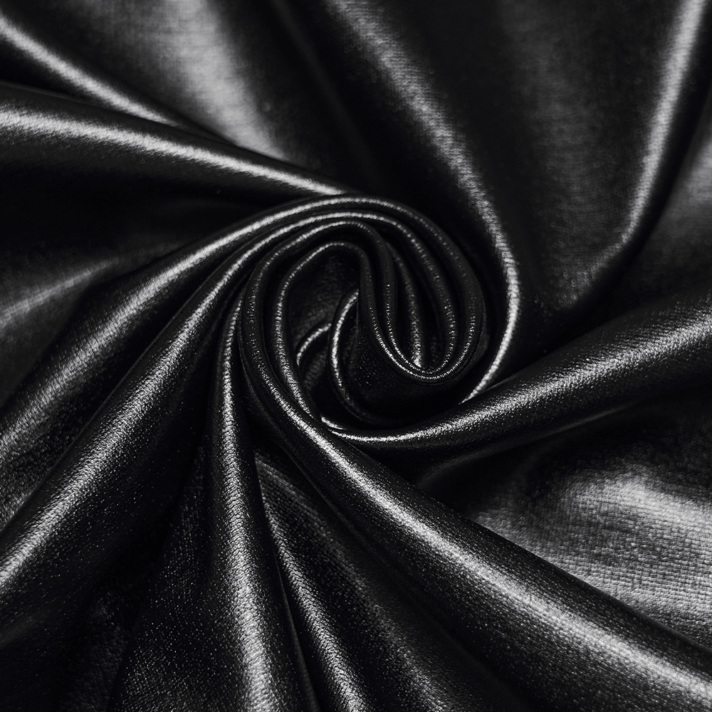 Close-up of luxurious black faux leather fabric, ideal for the Black Gothic Faux Leather Top with Mesh Buckle Straps.