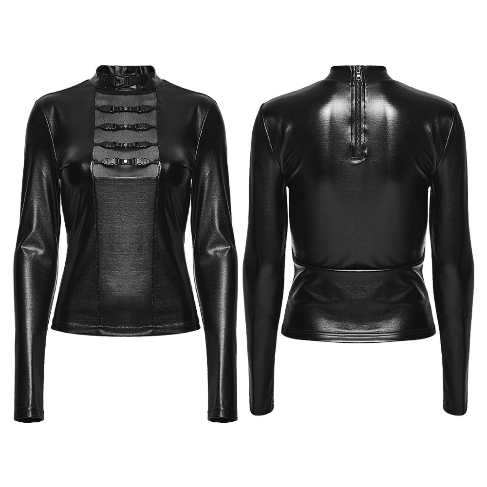 Black Gothic Faux Leather Top with Mesh Buckle Straps showcasing punk style and sheer mesh detailing.