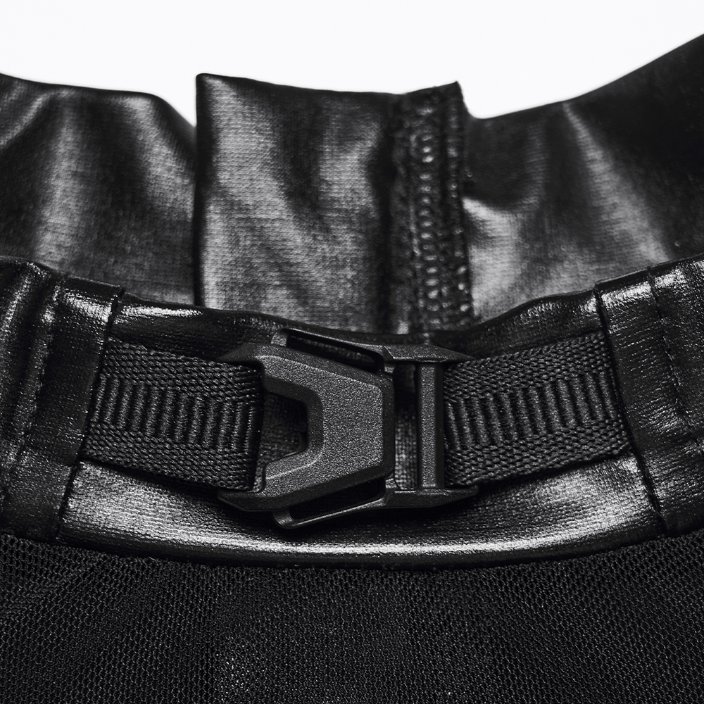 Close-up detail of the buckle strap on the Black Gothic Faux Leather Top with Mesh Buckle Straps, showcasing its unique design.