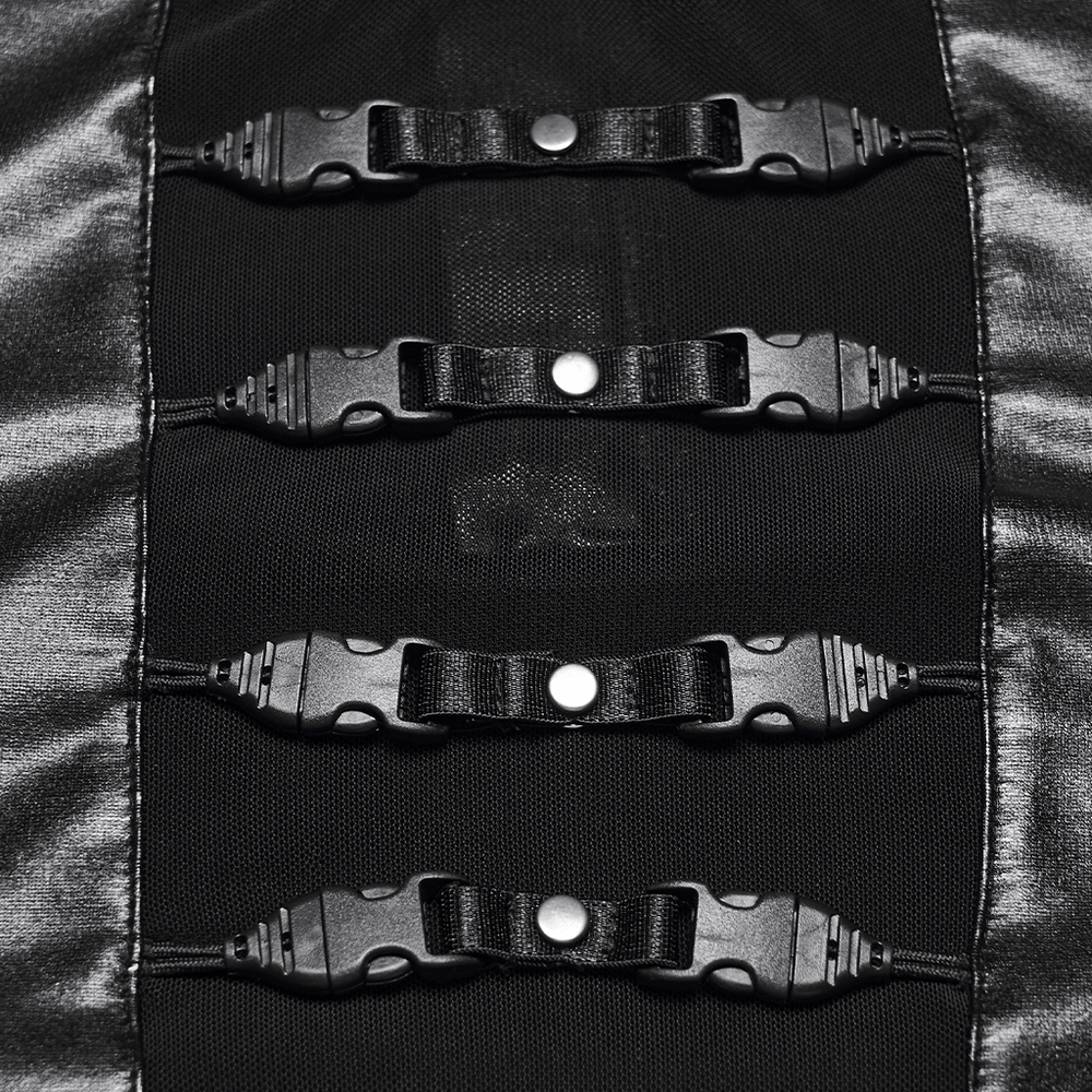 Close-up of mesh buckle strap details on Black Gothic Faux Leather Top with Mesh Buckle Straps.