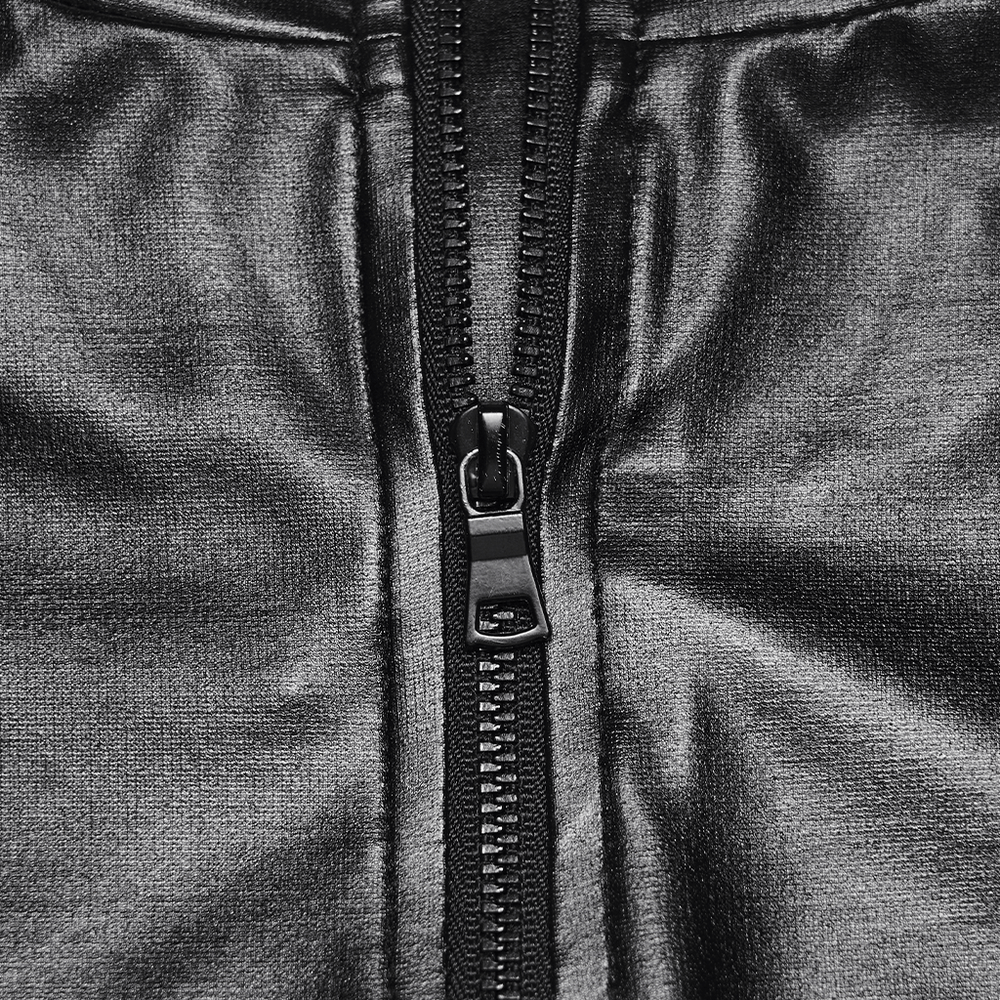 Close-up of zipper detail on the Black Gothic Faux Leather Top with Mesh Buckle Straps.