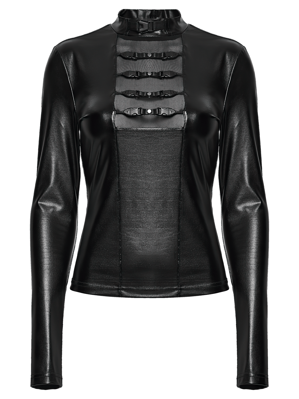 Black Gothic Faux Leather Top with Mesh Buckle Straps featuring sheer mesh and harness buckle details.