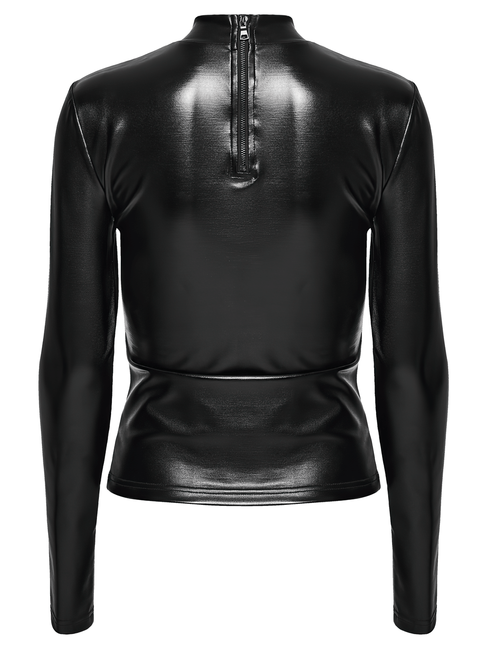 Back view of the Black Gothic Faux Leather Top with Mesh Buckle Straps, featuring a sleek zip and glossy finish.