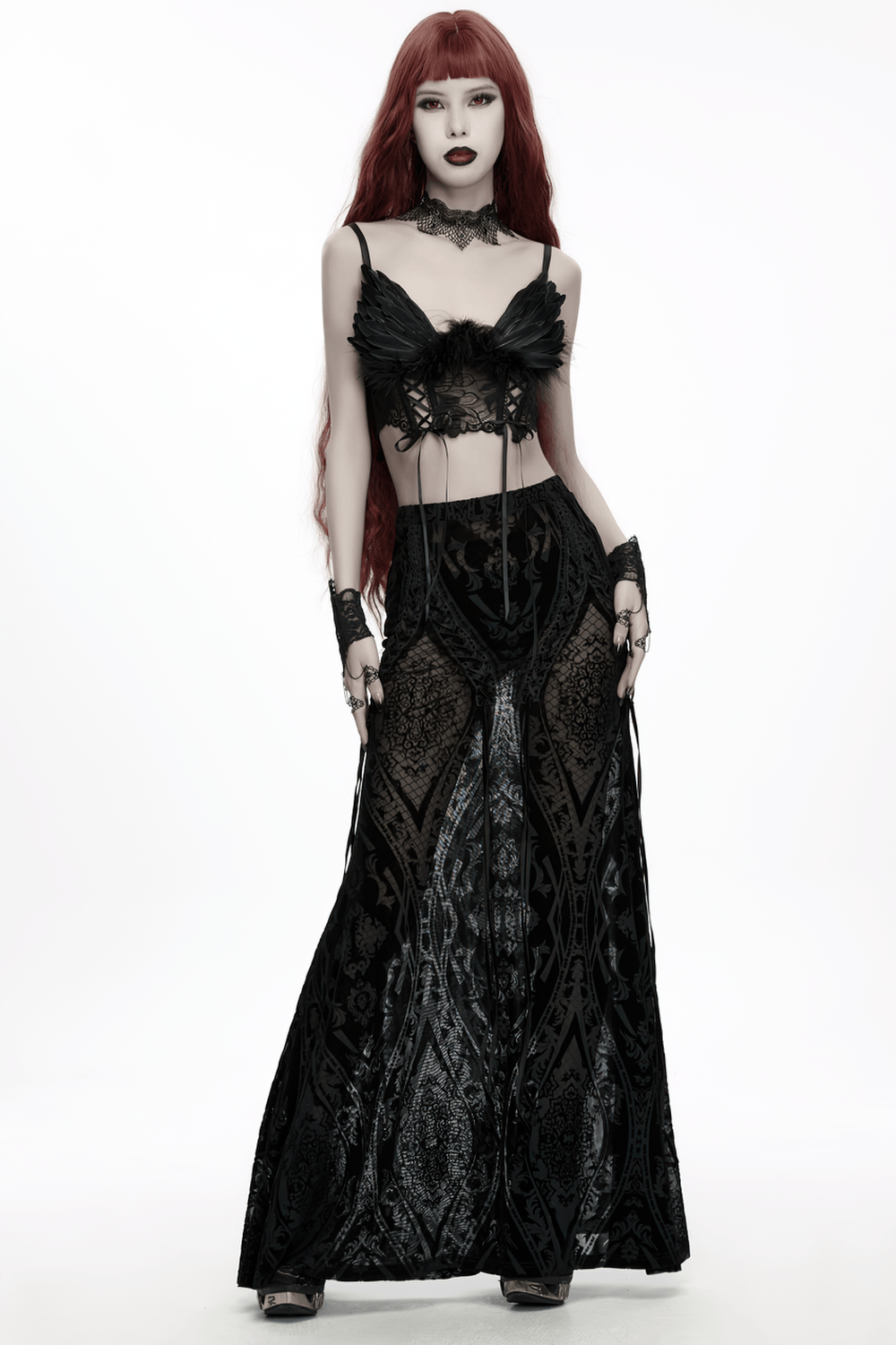 Black Gothic Feather Lace Crop Top with Angel Wings