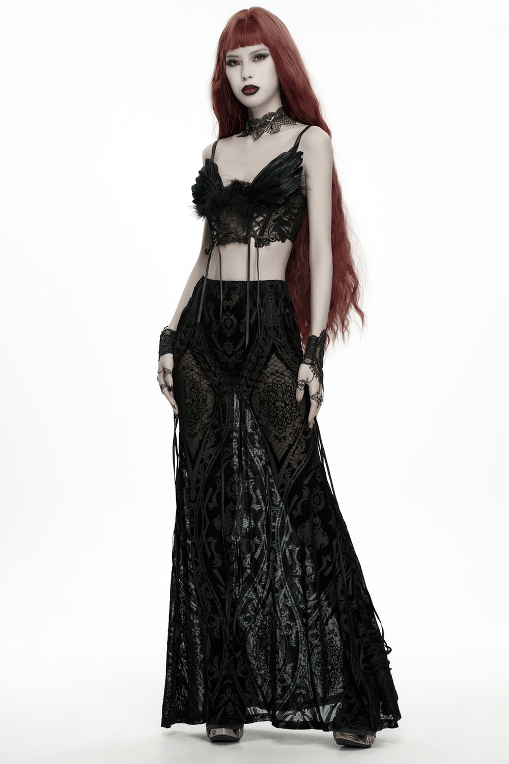 Black Gothic Feather Lace Crop Top with Angel Wings
