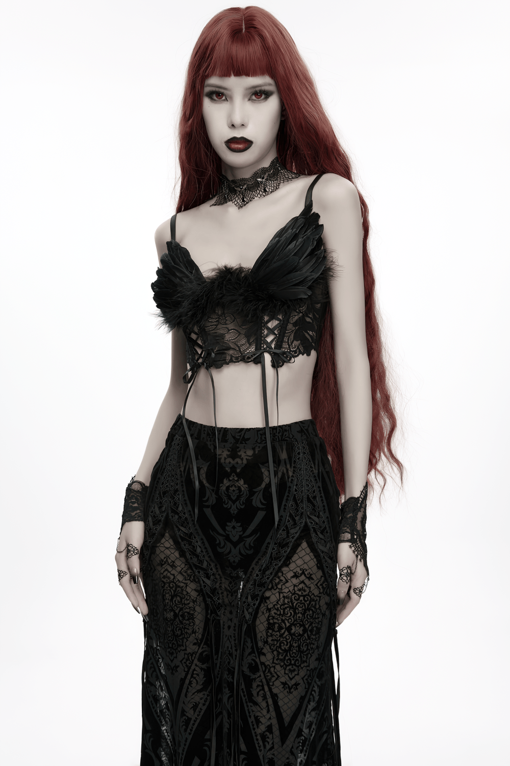 Black Gothic Feather Lace Crop Top with Angel Wings