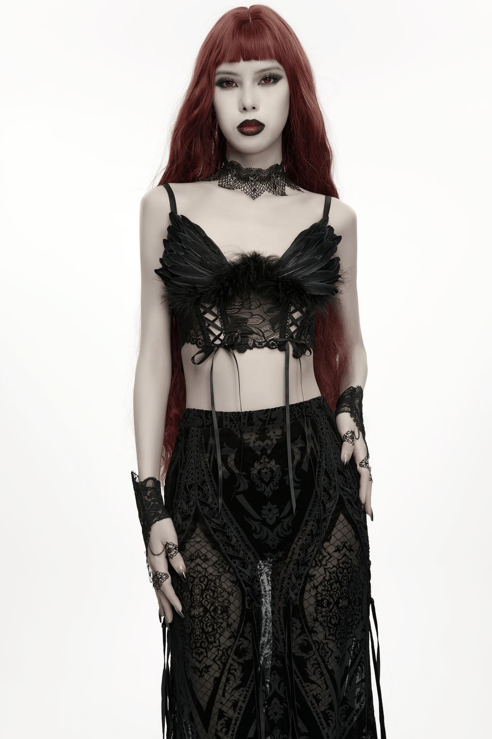 Black Gothic Feather Lace Crop Top with Angel Wings
