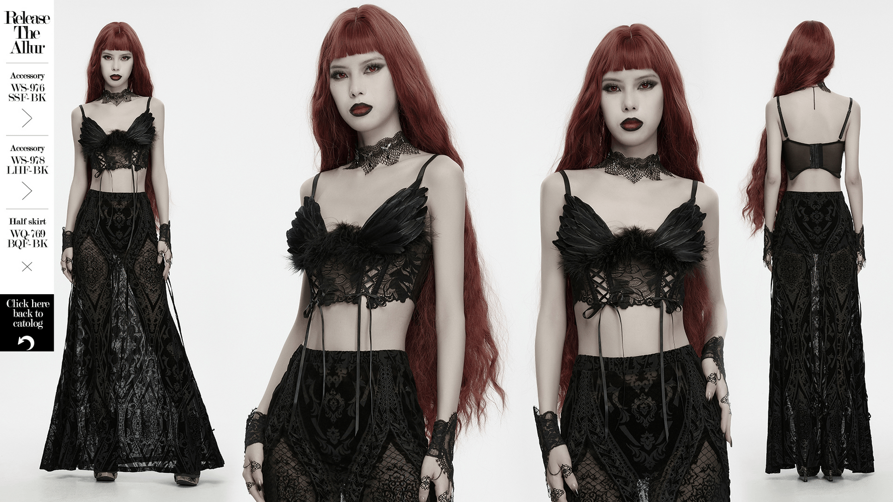 Black Gothic Feather Lace Crop Top with Angel Wings