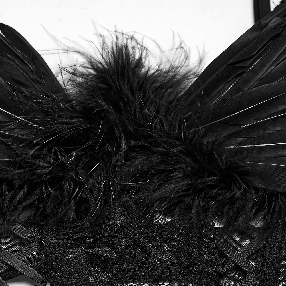 Black Gothic Feather Lace Crop Top with Angel Wings