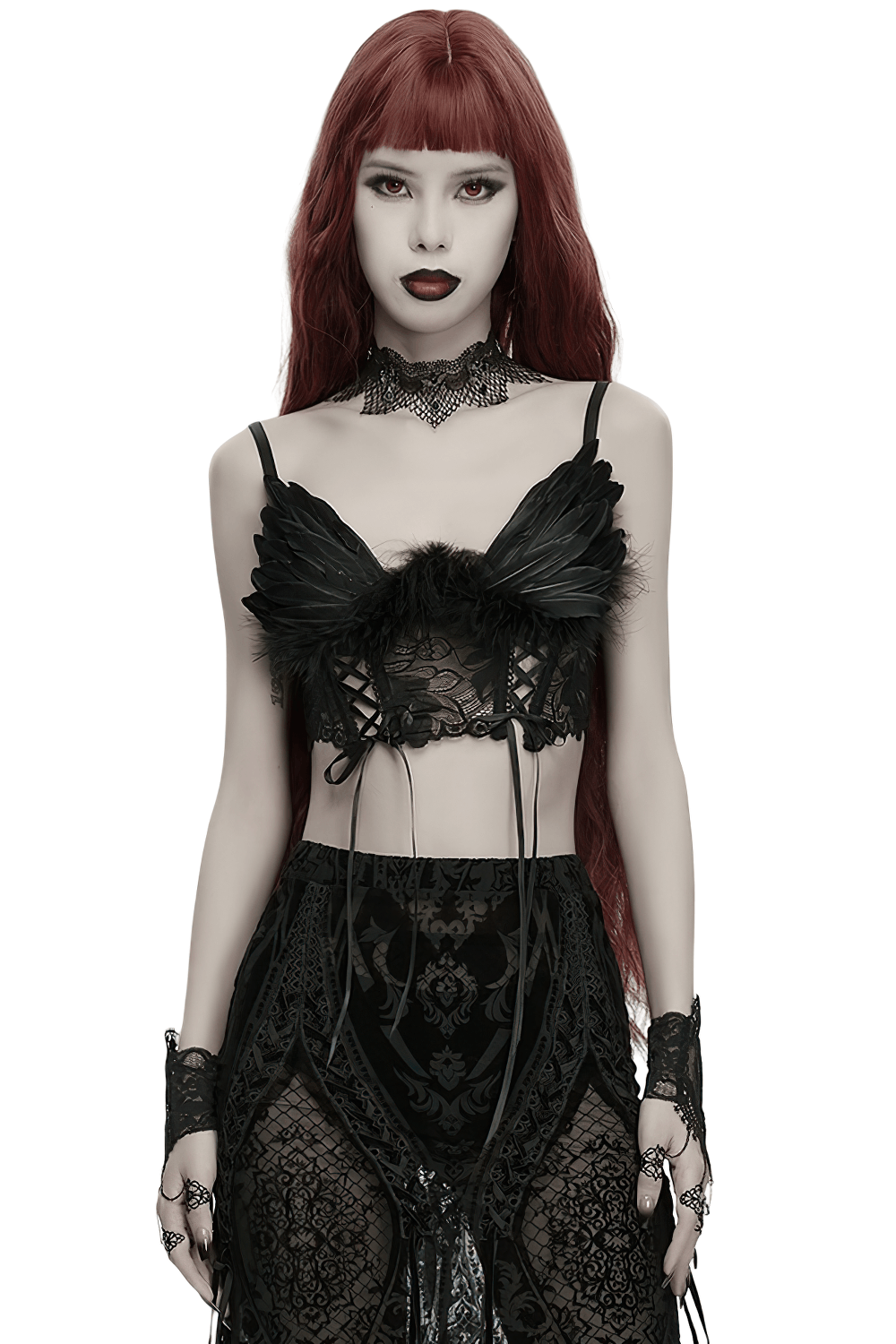 Black Gothic Feather Lace Crop Top with Angel Wings