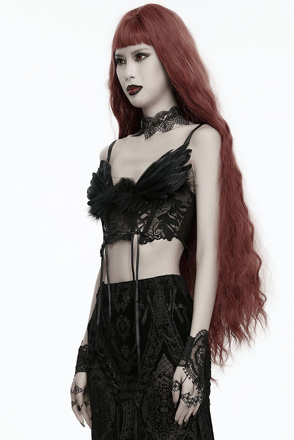 Black Gothic Feather Lace Crop Top with Angel Wings