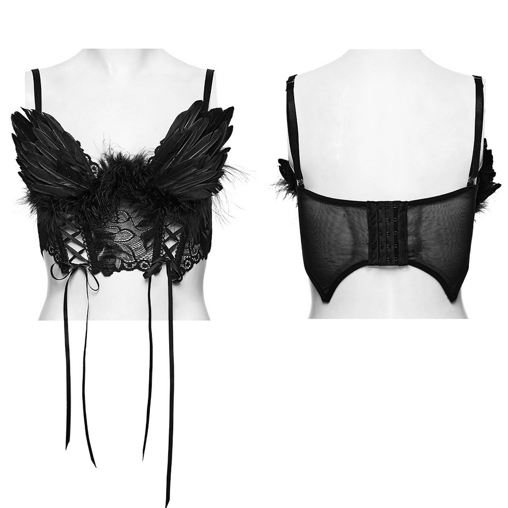 Black Gothic Feather Lace Crop Top with Angel Wings