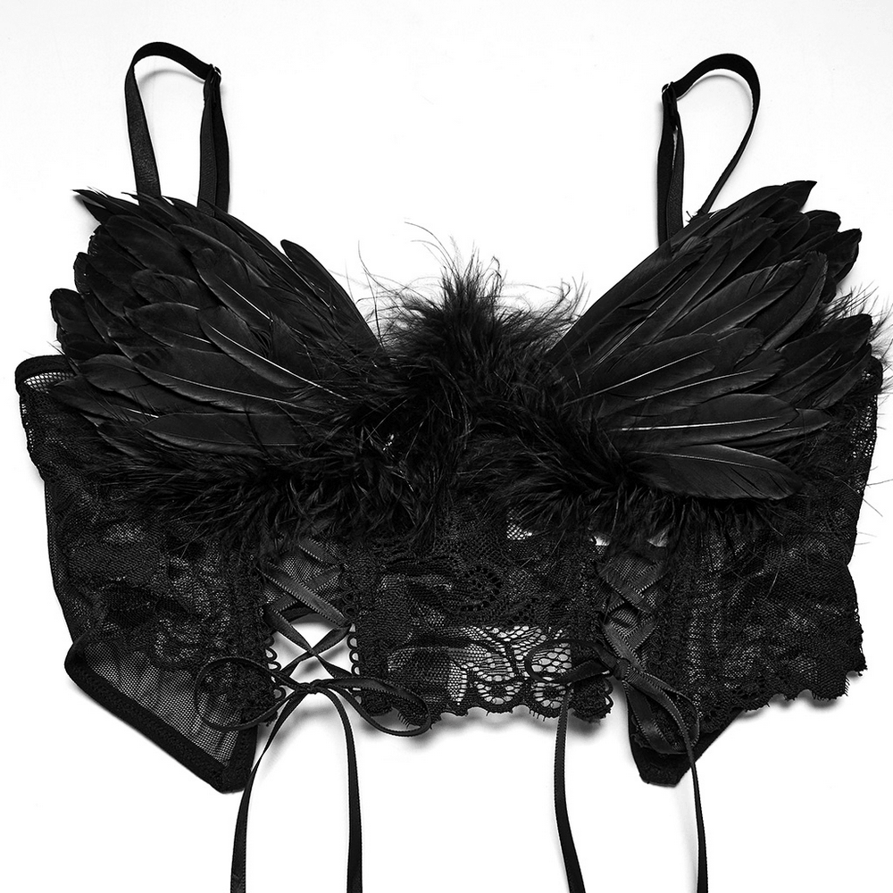 Black Gothic Feather Lace Crop Top with Angel Wings
