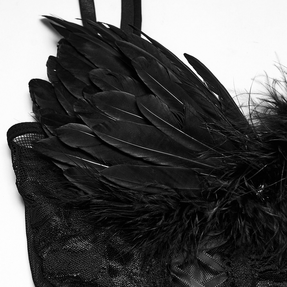 Black Gothic Feather Lace Crop Top with Angel Wings