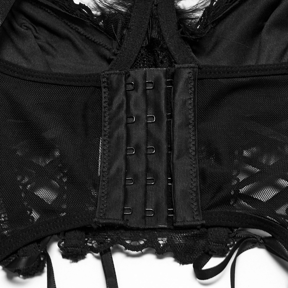 Black Gothic Feather Lace Crop Top with Angel Wings