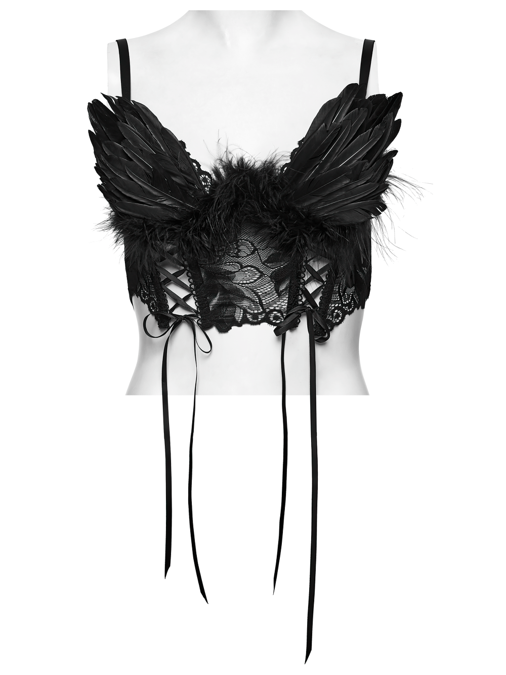 Black Gothic Feather Lace Crop Top with Angel Wings